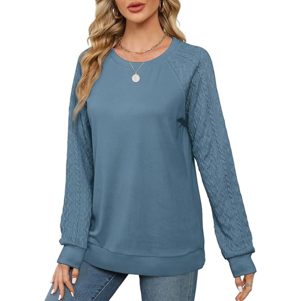 Unbranded Crew‎ Neck Sweatshirt Women's Size S Blue Cable Knit Raglan Sleeve
